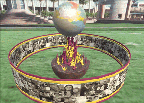 ring of images surrounding a globe in the grass